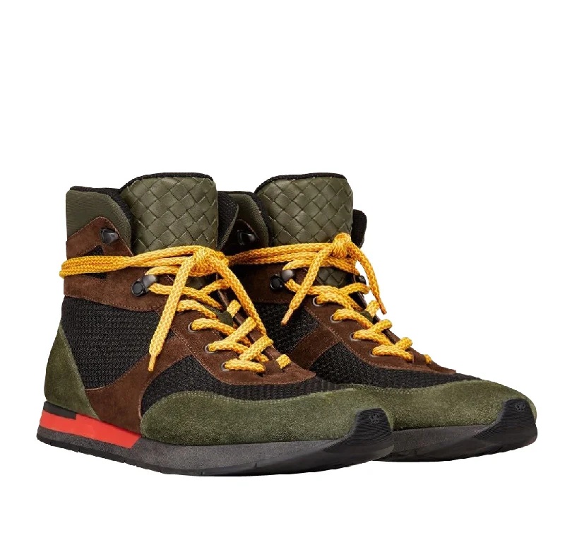 Men's sandals with a cushioned footbedBottega Veneta Men's Mesh High Top Green / Brown / Black Suede Leather Sneaker