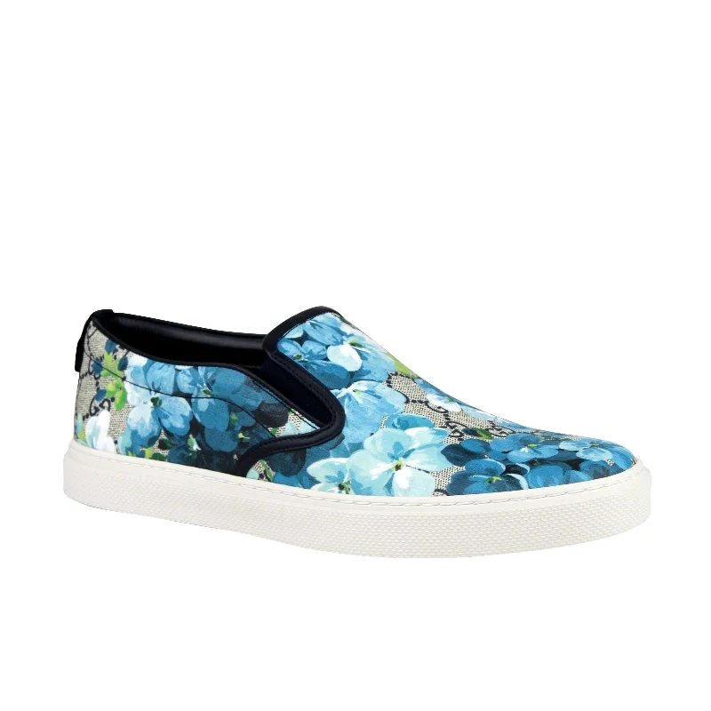 Men's sandals with a stretchy strap for a better fitGucci Men's Bloom Flower Print Blue GG Supreme Coated Canvas Slip Sneakers