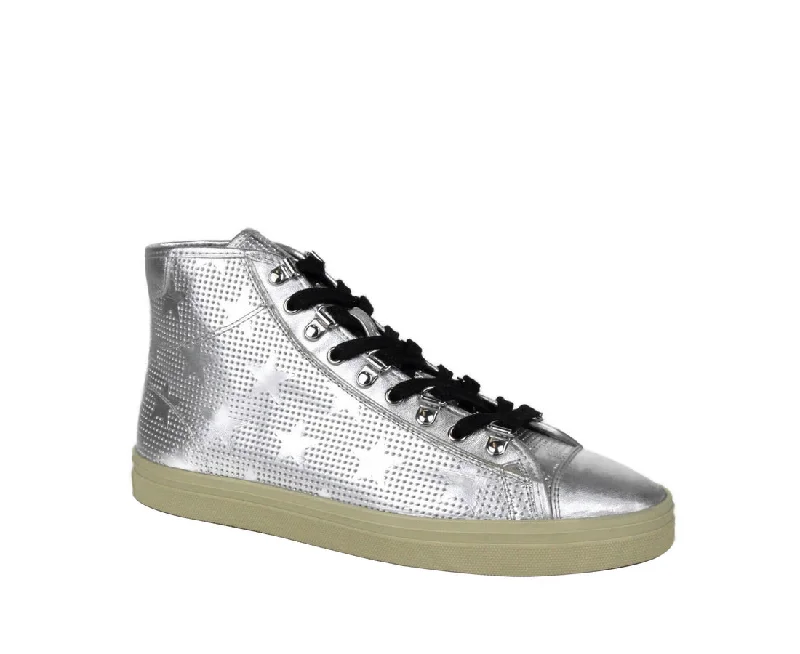 Men's sandals with a stretchy strap for a better fitSaint Laurent Men's Silver Metallic Leather Hi Top Sneaker (42 EU / 9 US)