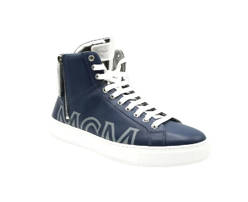 Men's sandals with a padded heelMCM Men's Estate Blue Leather Hi Top With Silver Trim Sneakers