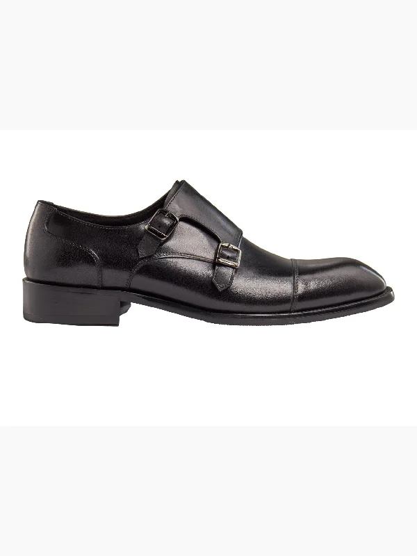 Men's loafers with a leather lacing systemBLACK DOUBLE MONK SHOES