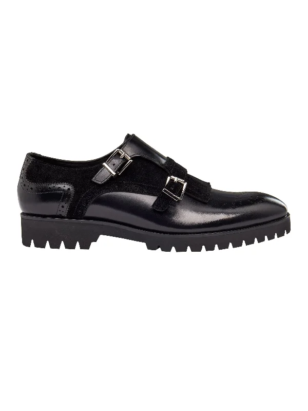 Men's loafers with a moc - toe designBLACK LEATHER & SUEDE DOUBLE MONK SHOES