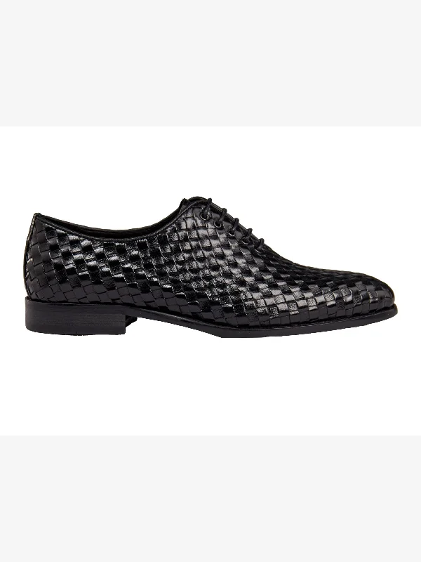 Slip - on men's loafers for easy wearBLACK WOVEN LEATHER OXFORDS