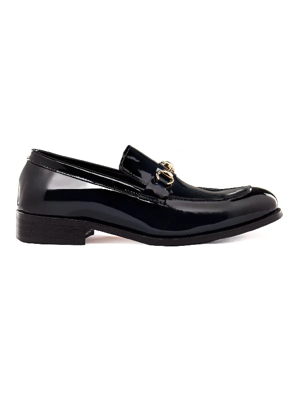 Men's leather loafers with a penny slotBLUE PATENT LEATHER GOLD BUCKLE LOAFERS