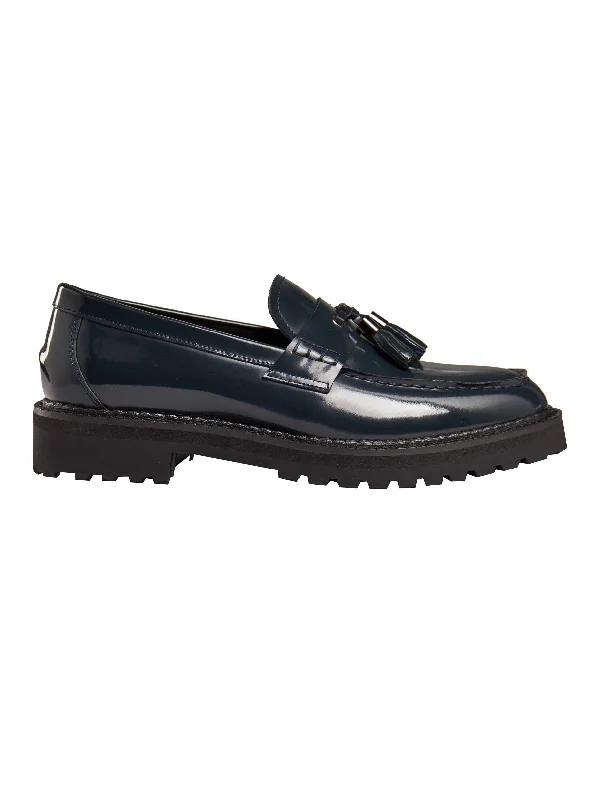 Men's loafers with a rubber sole for durabilityBLUE PATENT LEATHER TASSEL LOAFERS