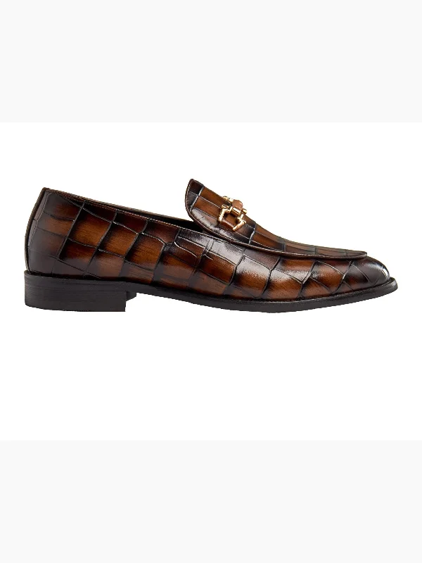 Men's loafers with a leather lacing systemBROWN PRINTED GOLD BUCKLE LOAFERS