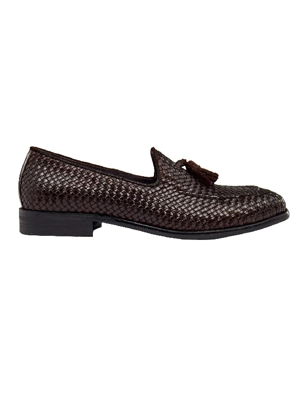 Men's loafers in a neutral color like black or brownBROWN WOVEN LEATHER TASSEL LOAFER