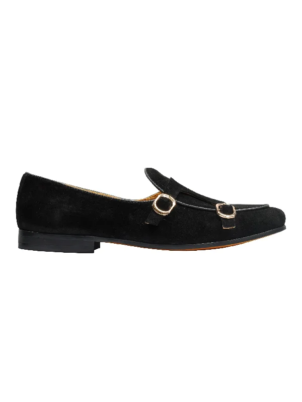 Men's loafers with a leather lining for comfortDOUBLE MONK BLACK SUEDE LOAFERS