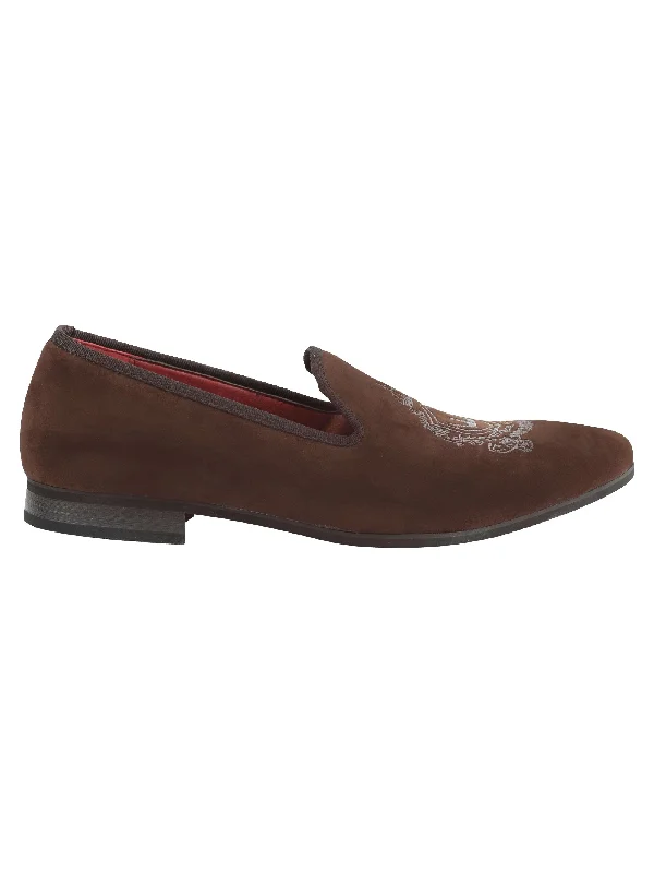 Men's loafers with a perforated leather upper for ventilationFAUX VELVET EMBROIDERY SUEDE LEATHER LOAFERS IN BROWN