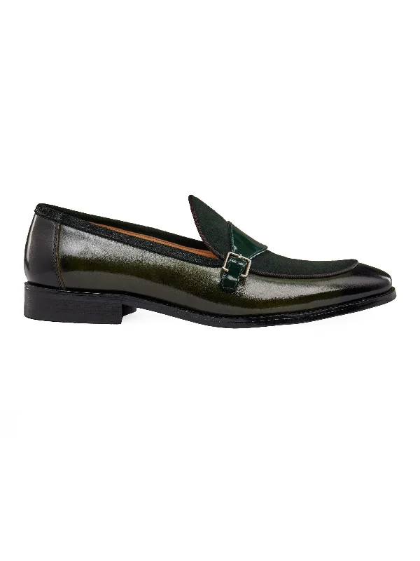 Men's loafers with a flexible sole for easy movementGREEN LEATHER & SUEDE MONK SHOES