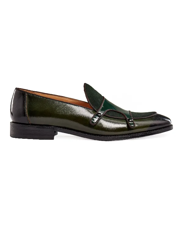 Men's loafers in a neutral color like black or brownGREEN PATENT LEATHER & SUEDE MONK SHOES