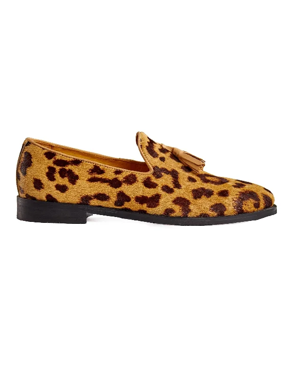 Slip - on men's loafers for easy wearLEOPARD PRINT LEATHER TASSEL LOAFERS