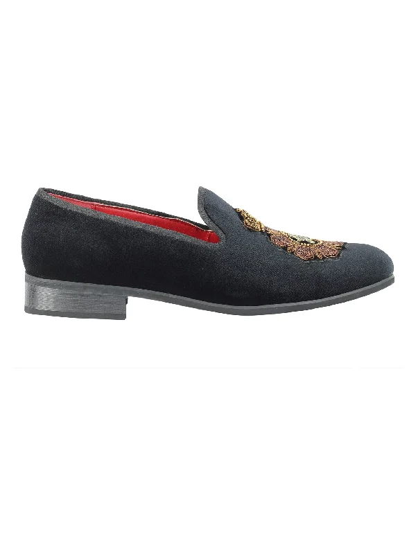 Men's loafers with a smooth leather finishFAUX LEATHER EMBROIDERED VELVET LOAFERS IN BLACK