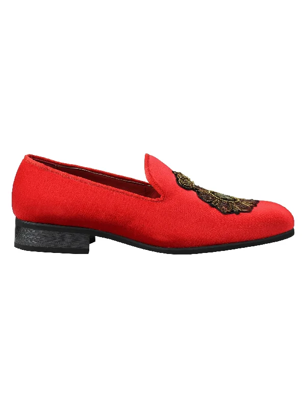 Men's loafers with a stretchy side panel for a better fitFAUX LEATHER EMBROIDERED VELVET LOAFERS IN RED