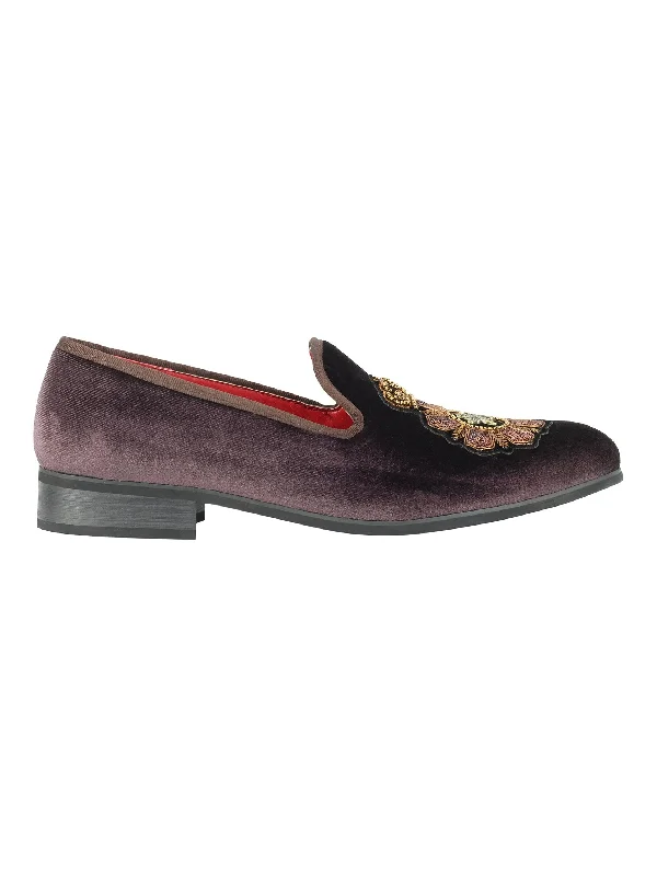 Men's loafers with a leather lining for comfortFAUX LEATHER EMBROIDERED VELVET LOAFERS IN BROWN