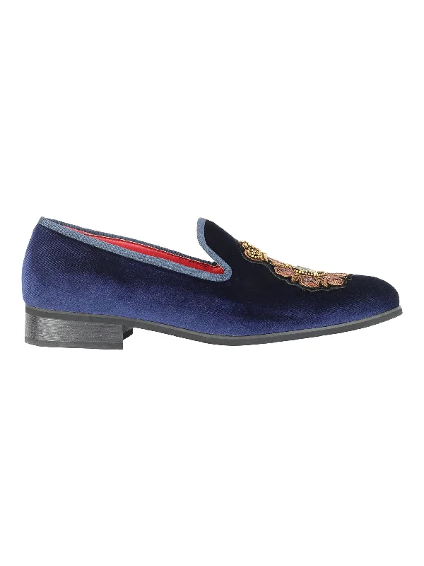 Men's leather loafers with a penny slotFAUX LEATHER EMBROIDERED VELVET LOAFERS IN NAVY