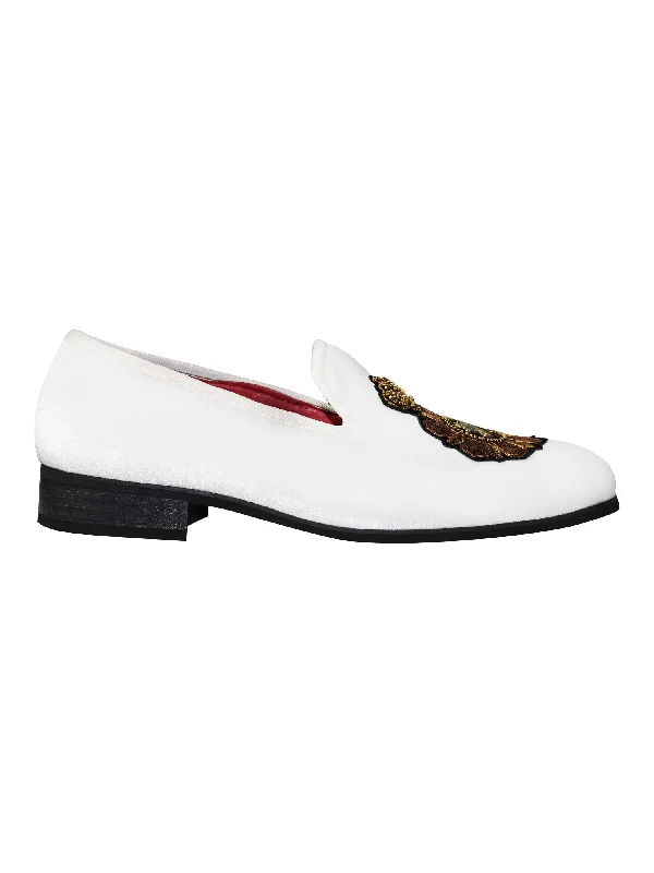 Men's loafers with a stretchy side panel for a better fitFAUX LEATHER EMBROIDERED VELVET LOAFERS IN WHITE