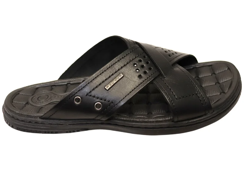 Men's sandals in a neutral color like black or brownPegada Perry Mens Comfortable Leather Slides Sandals Made In Brazil