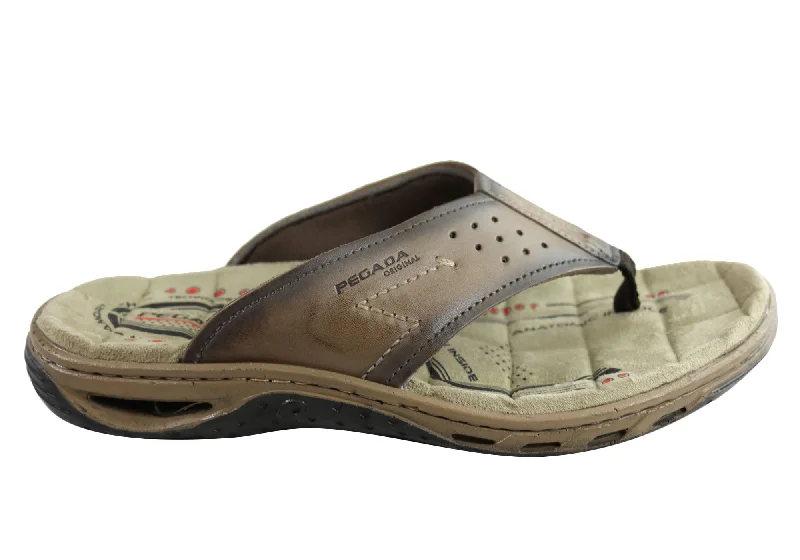 Men's sandals with a decorative buckle or charmPegada Phillip Mens Leather Cushioned Thongs Sandals Made In Brazil