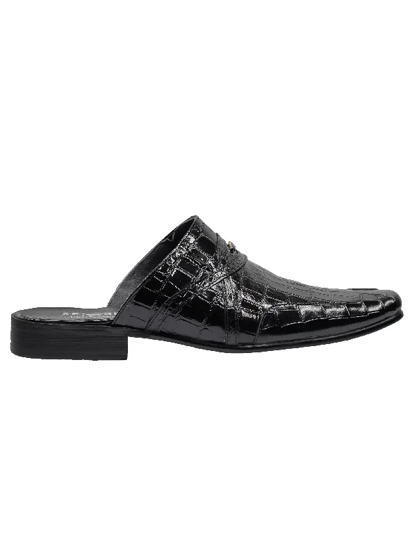 Men's loafers with a pointed toe for a stylish appearanceREAL LEATHER BLACK SHINY PRINTED HALF SHOES