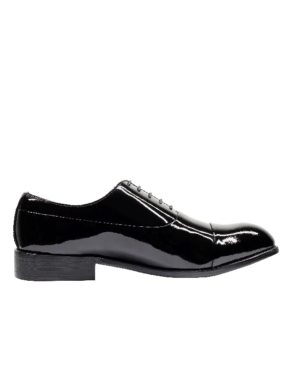 Men's loafers with a moc - toe designREAL LEATHER BLACK SHINY SHOES