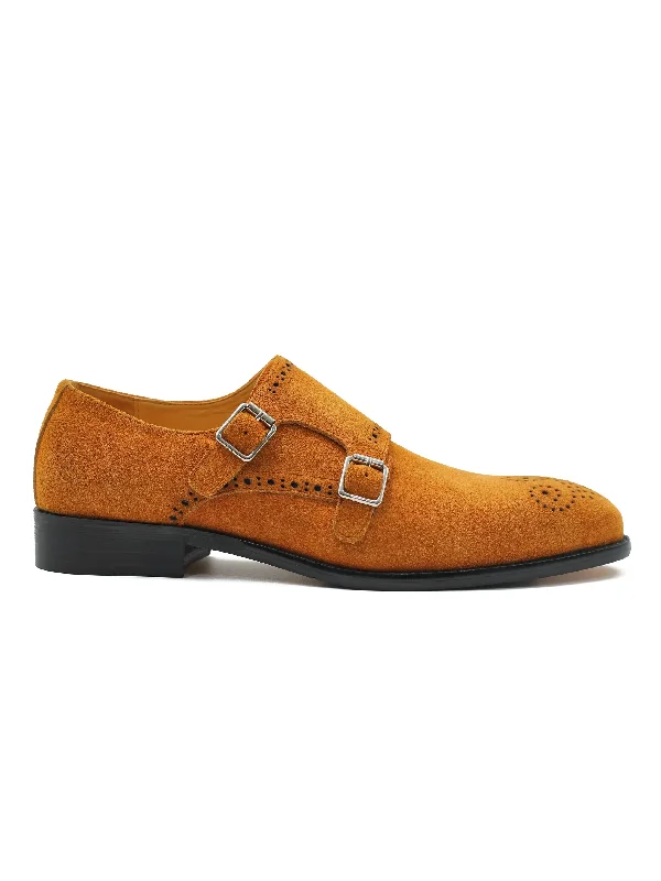 Men's loafers with a pointed toe for a stylish appearanceTAN SUEDE DOUBLE MONK SHOES