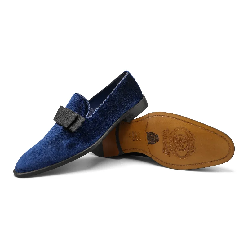 Men's slippers with a breathable fabric upper6518 - Prussian Blue Velvet Opera Bow Slipper