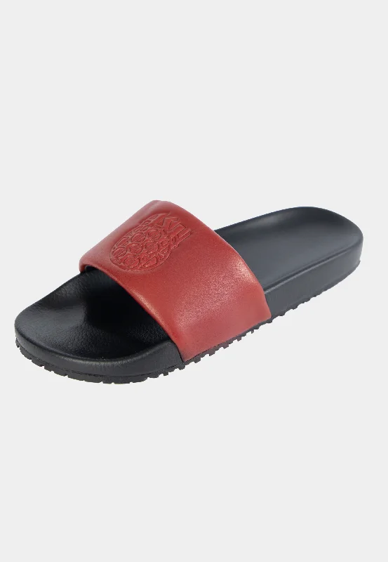 Men's slippers with a Velcro closure for easy on and offAshluxe Emblem Leather slides Red