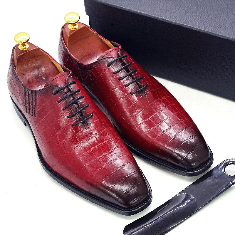 Men's Oxfords with a low - heeled design and a square toeAshour's Deep Red - Men's Leather Oxford Dress Shoes (alligator print)