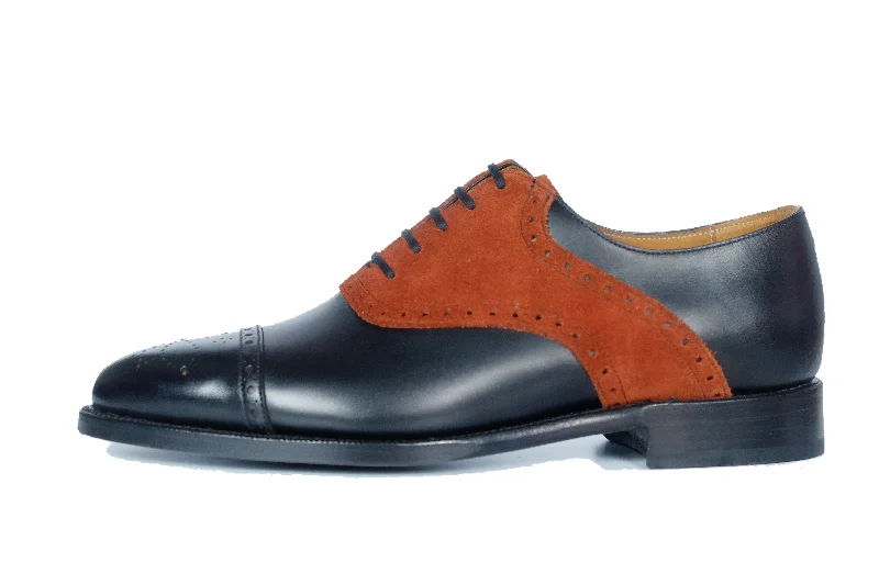 Men's Oxfords with a high - quality leather upperBurien - MTO - Black Calf / Rust Suede - TMG Last - Single Leather Sole