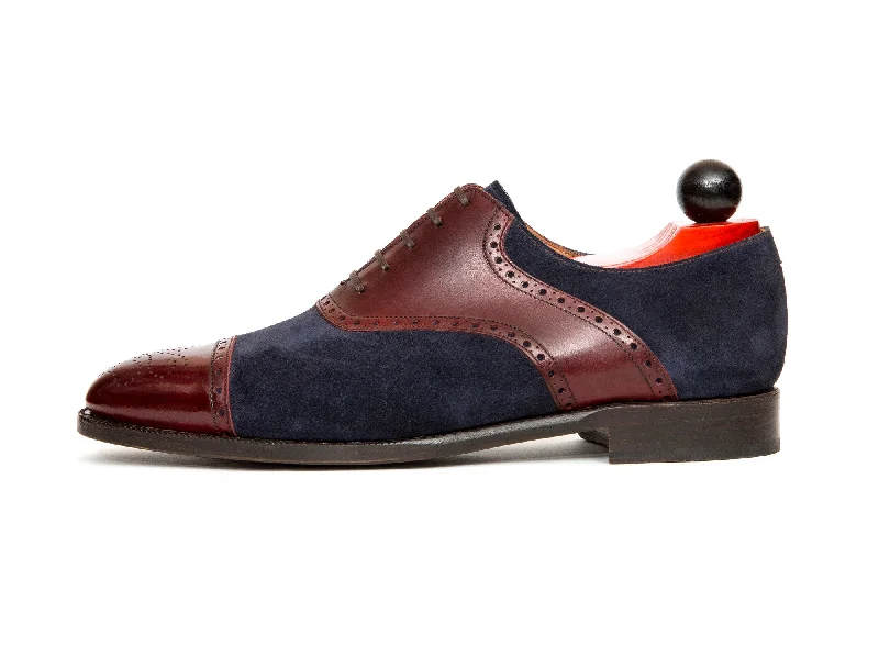 Men's Oxfords with a high - quality leather upperBurien - MTO - Burgundy Calf / Navy Suede - TMG Last - Single Leather Sole