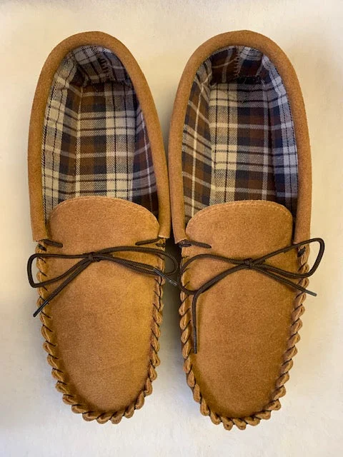 Men's slippers with a rubber sole for outdoor useSuede Tartan lined Moccasin with Hard Sole | Mike