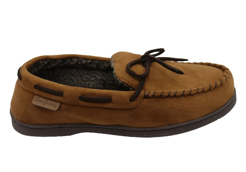 Men's slippers in a warm color like red or brownDearfoams Mens Toby Microsuede Moccasin With Whipstitch & Tie Slippers