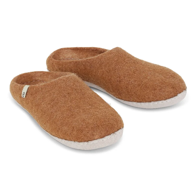 Men's slippers with a logo patch on the sideEgos Felted Wool Mule Slippers, Brown