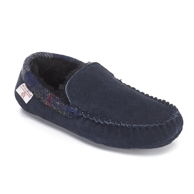 Men's slippers with a Velcro closure for easy on and offHanks- Suede Moccasin With Harris Tweed - Navy