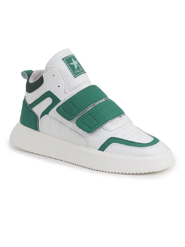 Men's casual shoes with a thick sole for added heightMen Green Colorblocked High Top Velcro Adjustable Classic Sneakers|Memory Cushion Insole|Street Fashion Hi-Top Sneakers