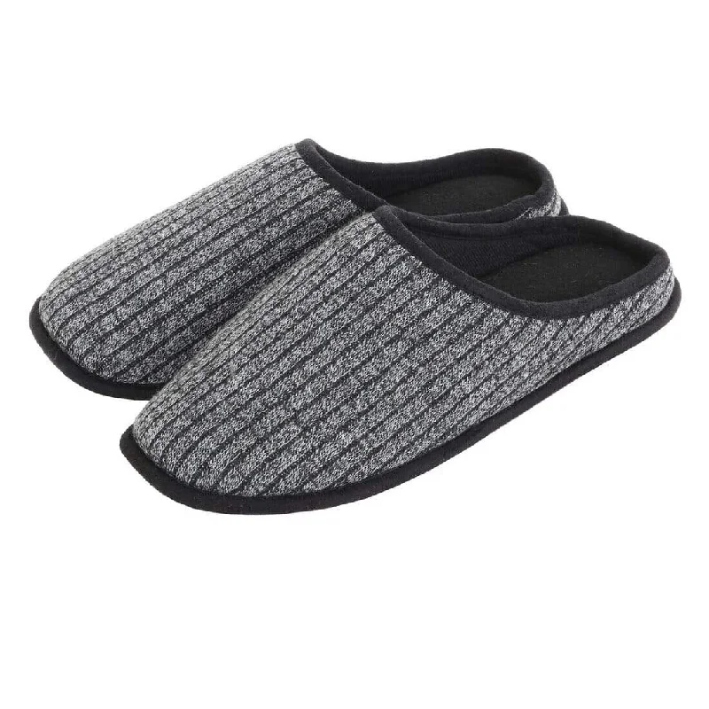 Men's slippers with a Velcro closure for easy on and offMens Mule Slippers Ribbed Knit Upper Fleece Lining Non-Slip