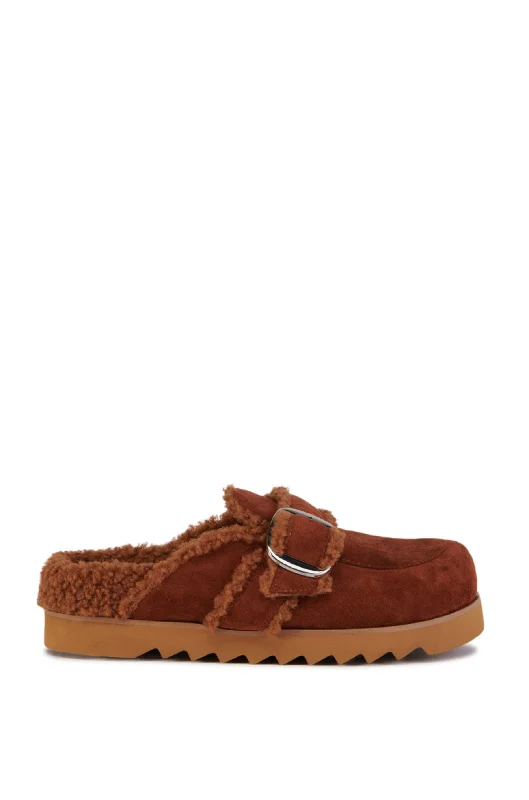 designer men mulesSIMAH-CHESTNUT SHERPA LINED CLOG FLAT