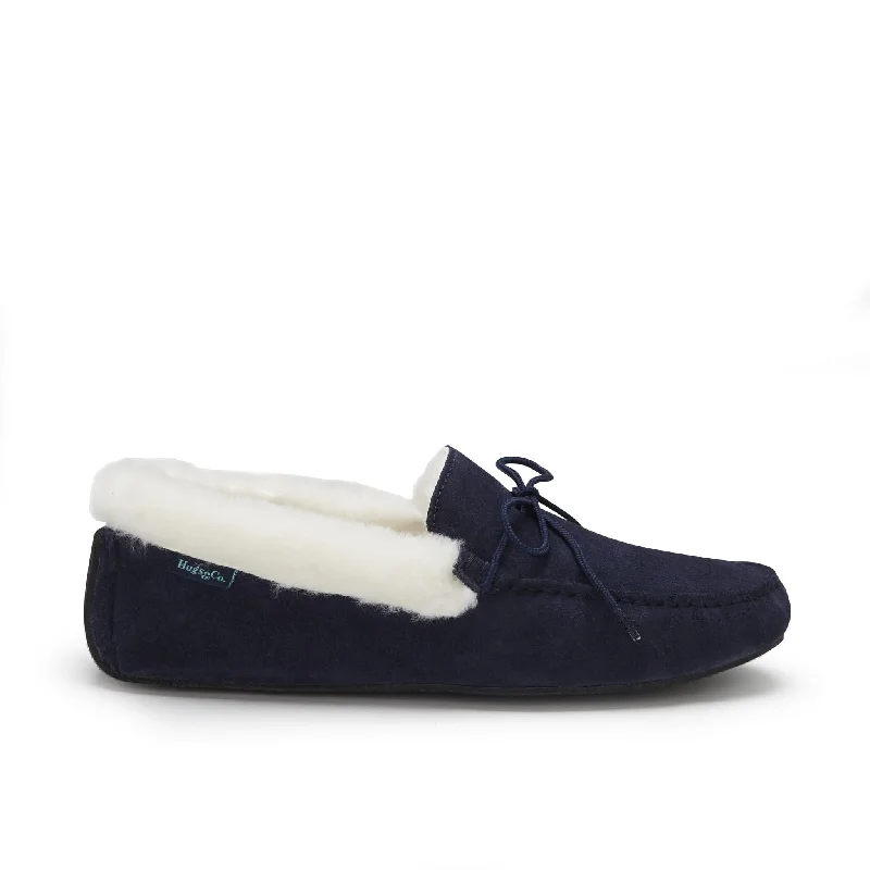 Men's slippers with a wool blend upper for warmthSlippers, sheepskin, navy blue suede