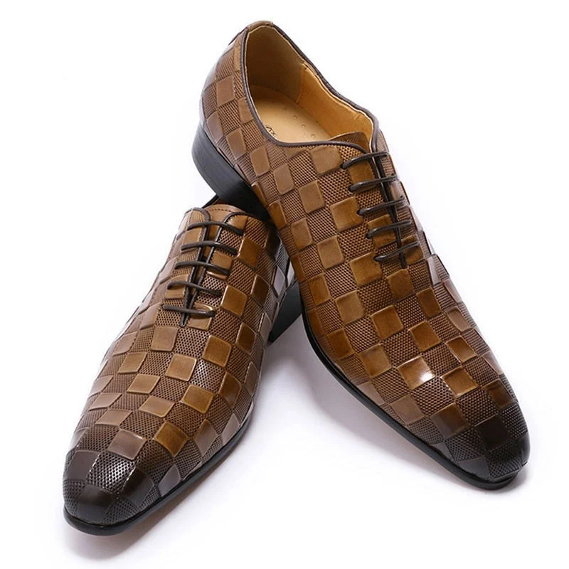 Men's Oxfords with a low - heeled design and a square toeThe Quadrato - Luxury Italian Leather Dress Shoes (Checkered Squares Pattern)