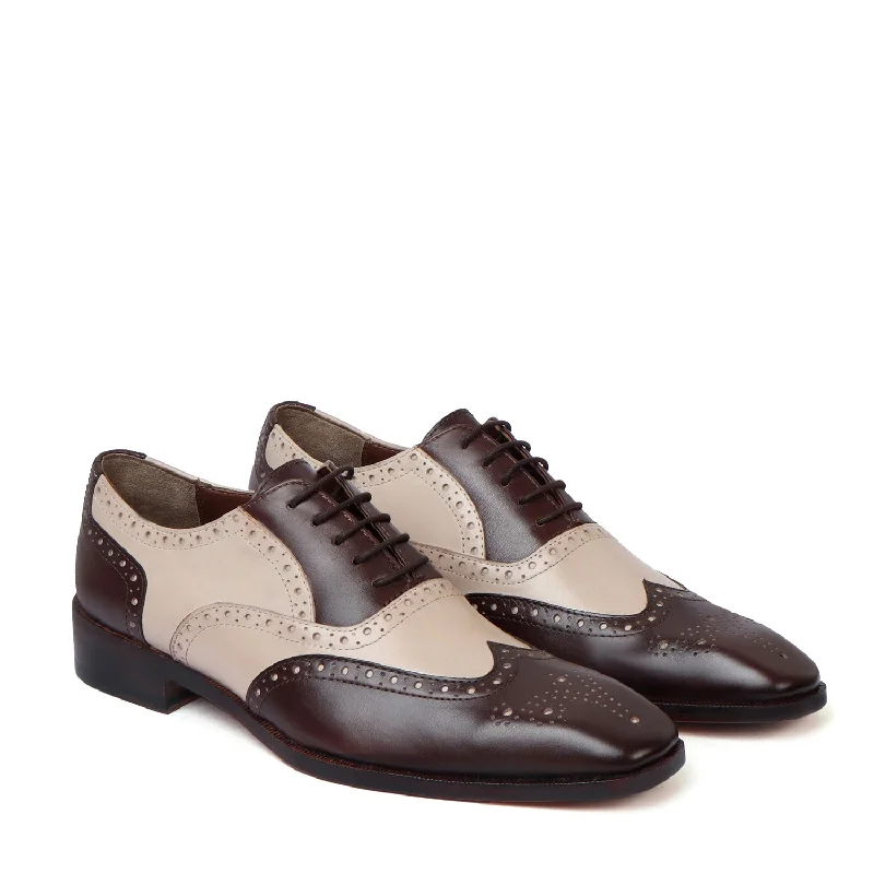 Men's Oxford shoes with a double - buckle strapChic Dual Tone Dove-Dark Brown Punching Brogues Oxford Lace-Up Leather Shoes by Brune & Bareskin