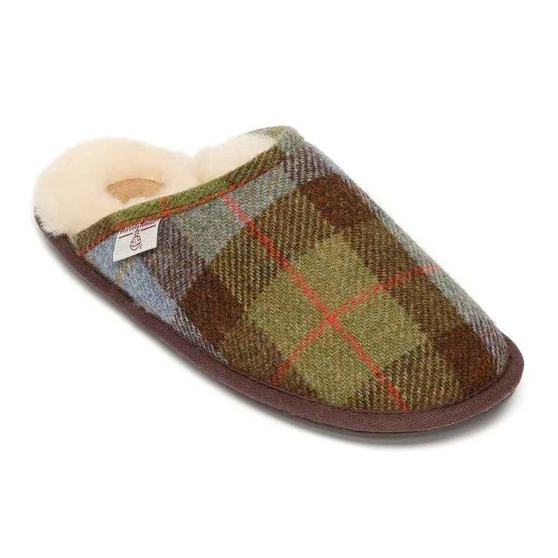 Men's slippers with a shock - absorbing midsoleWilliam - Harris Tweed Mule - Chocolate / Green Check