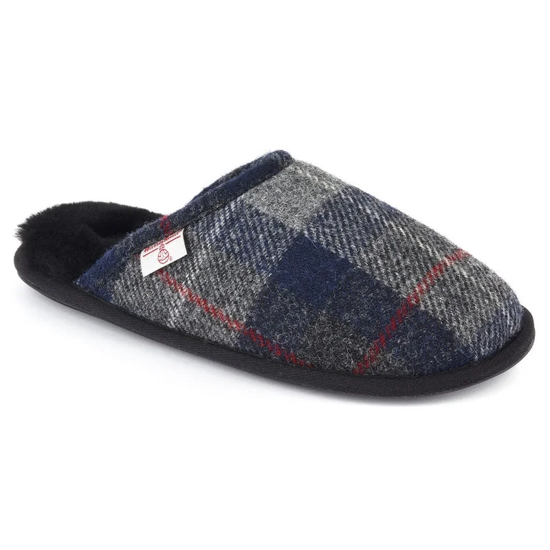 Men's slippers with a logo patch on the sideWilliam - Harris Tweed Mule - Navy / Black Check