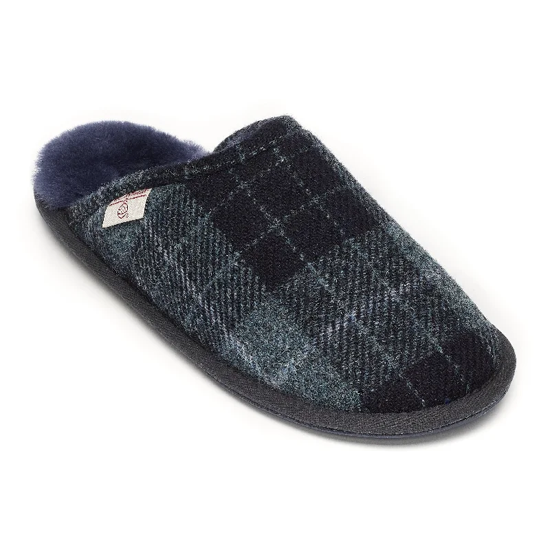 Men's slippers with a memory foam insoleWilliam - Harris Tweed Mule - Navy/Denim Tartan Check