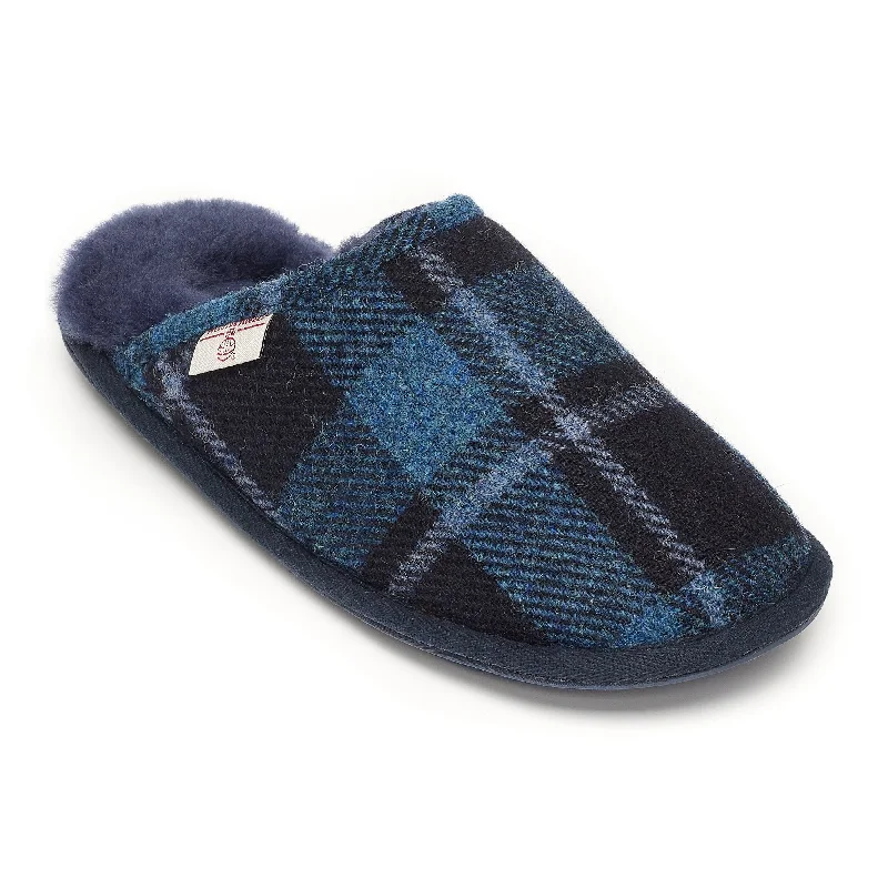 Men's slippers with a padded collar for comfortWilliam - Harris Tweed Mule - Navy / Grey Tartan Check