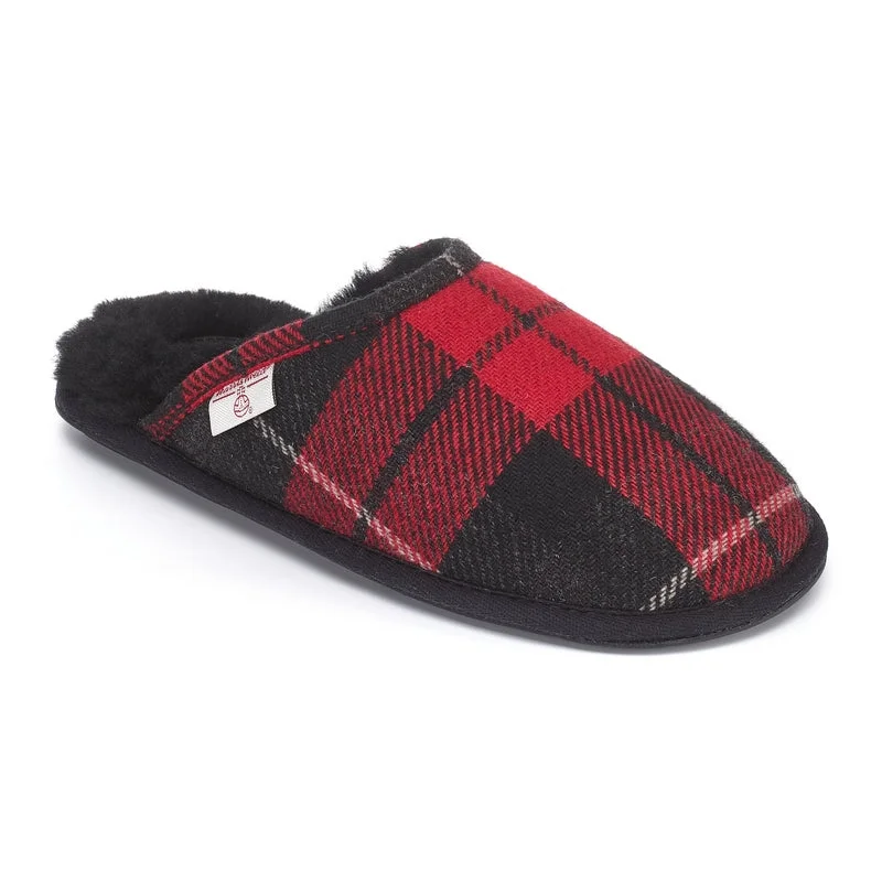 Men's slippers with a leather sole for a classic lookWilliam - Harris Tweed Mule - Red / Black Check