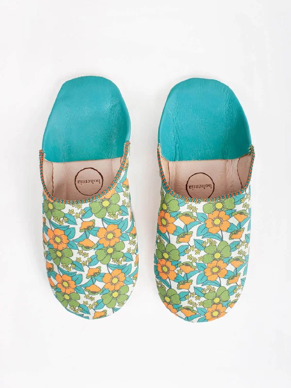 Men's slippers in a warm color like red or brownBohemia Floral Fabric Babouche Slippers, Aqua Floral