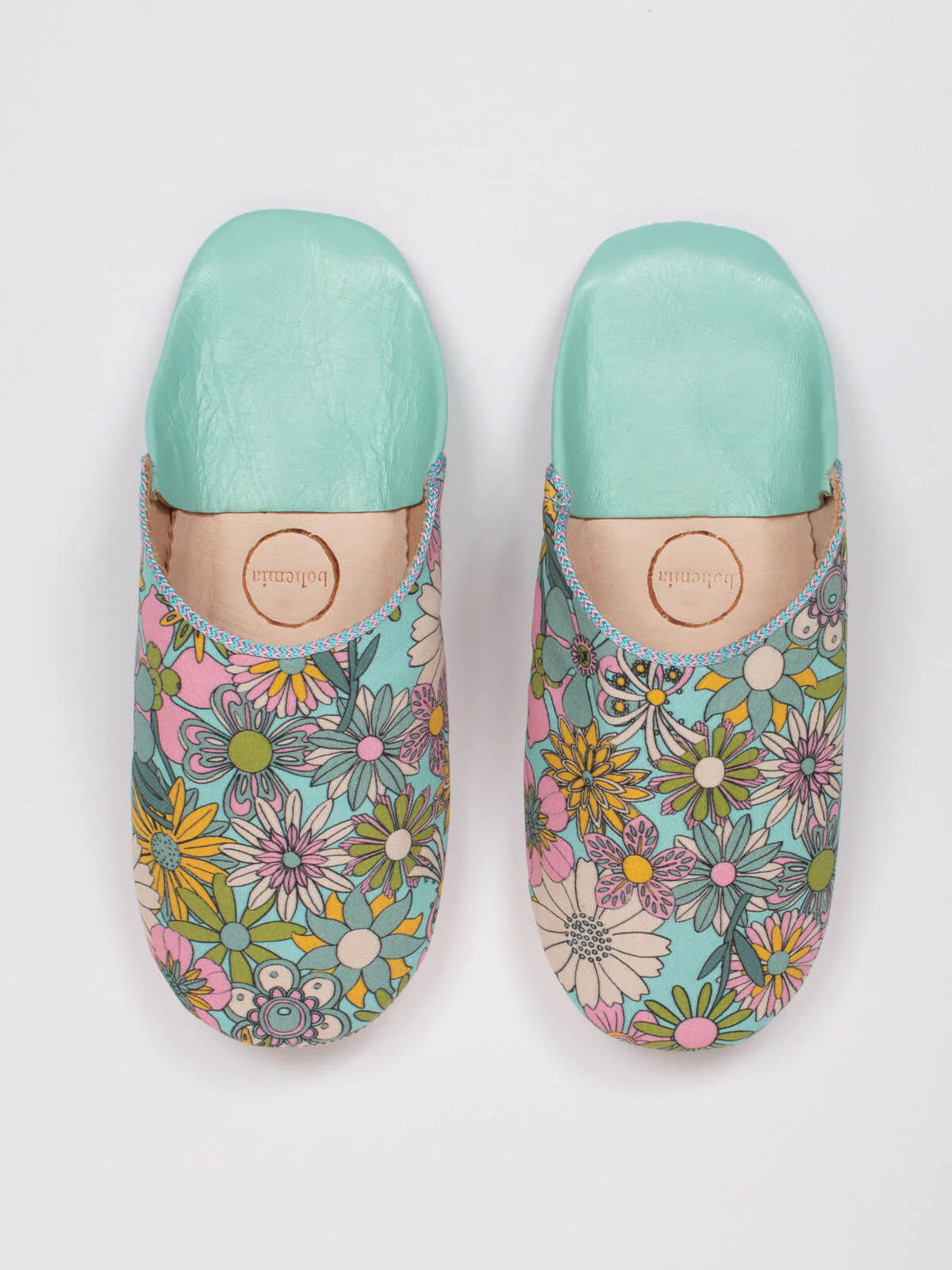 Men's slippers with a leather sole for a classic lookBohemia Floral Fabric Babouche Slippers, Duck Egg