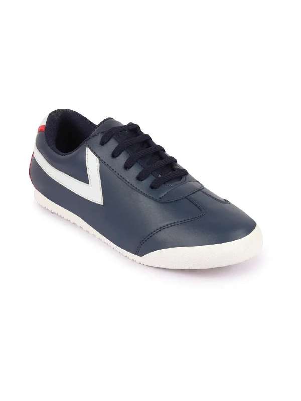 Men's low - profile tennis sneakers for a sleek lookMen Navy Blue Lace-Up Classic Striped Sneakers Casual Shoes