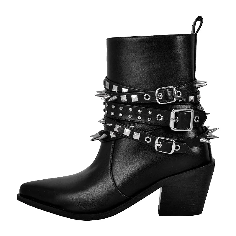 Chunky Heel Rivet Buckle Ankle Boots